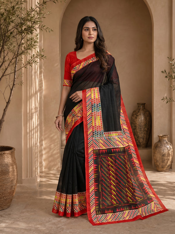 Vaidehi Soft Chanderi Cotton Saree – Black Multicolor Tribal Geometric Digital Print
