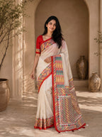 Vaidehi Soft Chanderi Cotton Saree – White Multicolor Tribal Geometric Digital Print