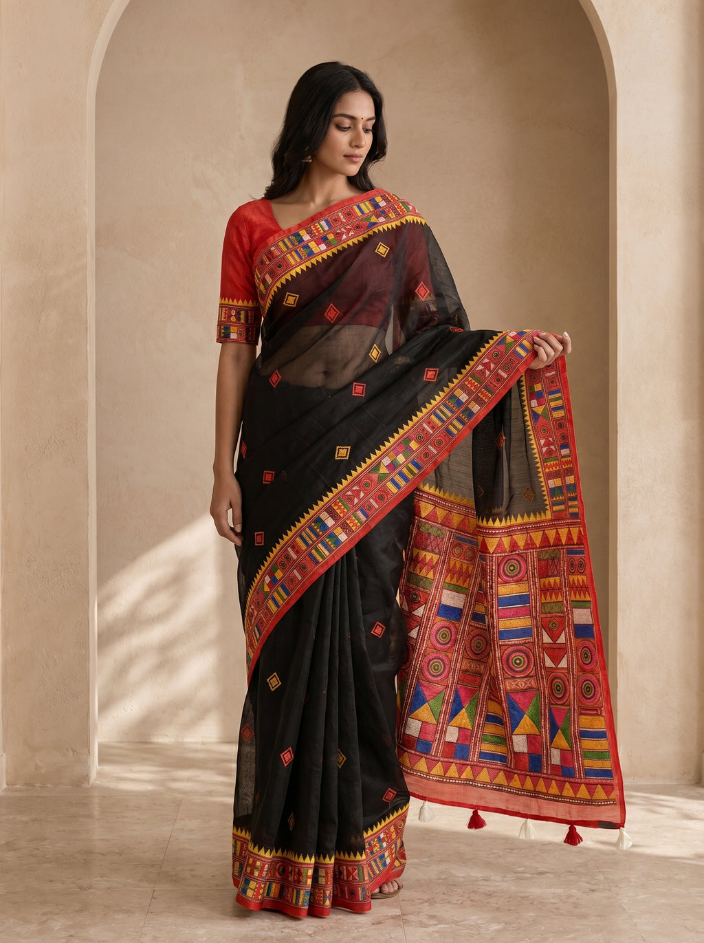 Vaidehi Soft Chanderi Cotton Saree – Black Red Tribal Heritage Digital Print