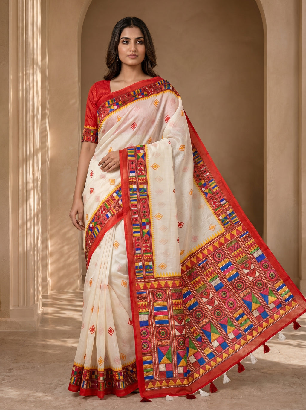 Vaidehi Soft Chanderi Cotton Saree – White Red Tribal Heritage Digital Print