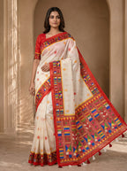 Vaidehi Soft Chanderi Cotton Saree – White Red Tribal Heritage Digital Print