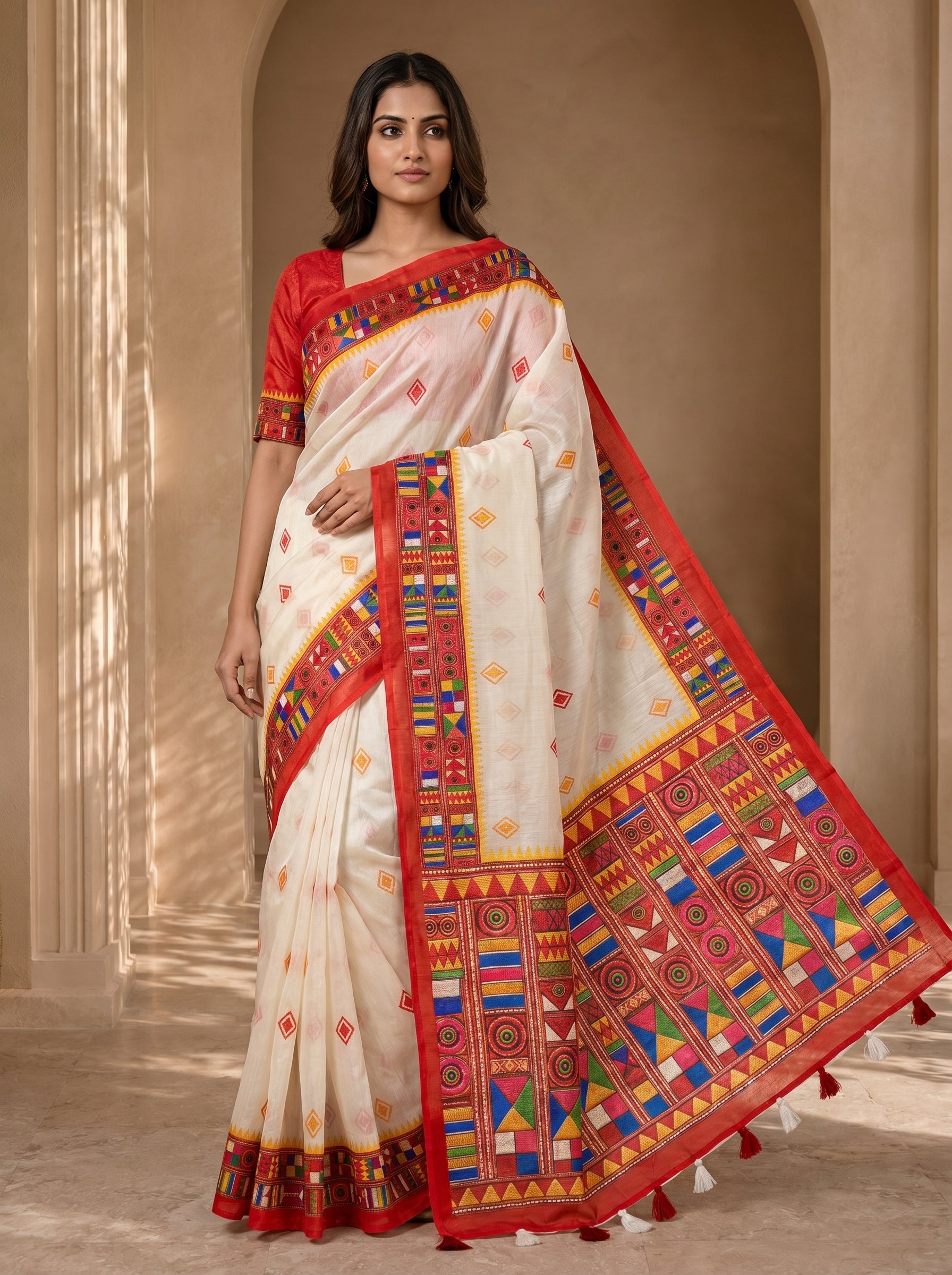 Vaidehi Soft Chanderi Cotton Saree – White Red Tribal Heritage Digital Print