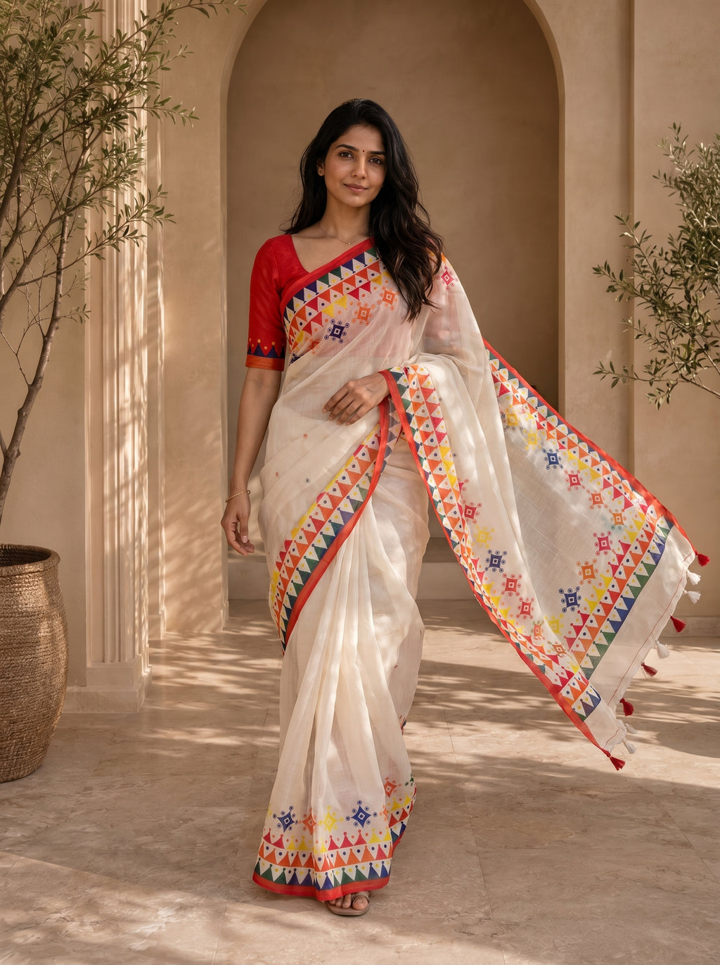 Vaidehi Soft Chanderi Cotton Saree – White Multicolor Tribal Geometric Digital Print