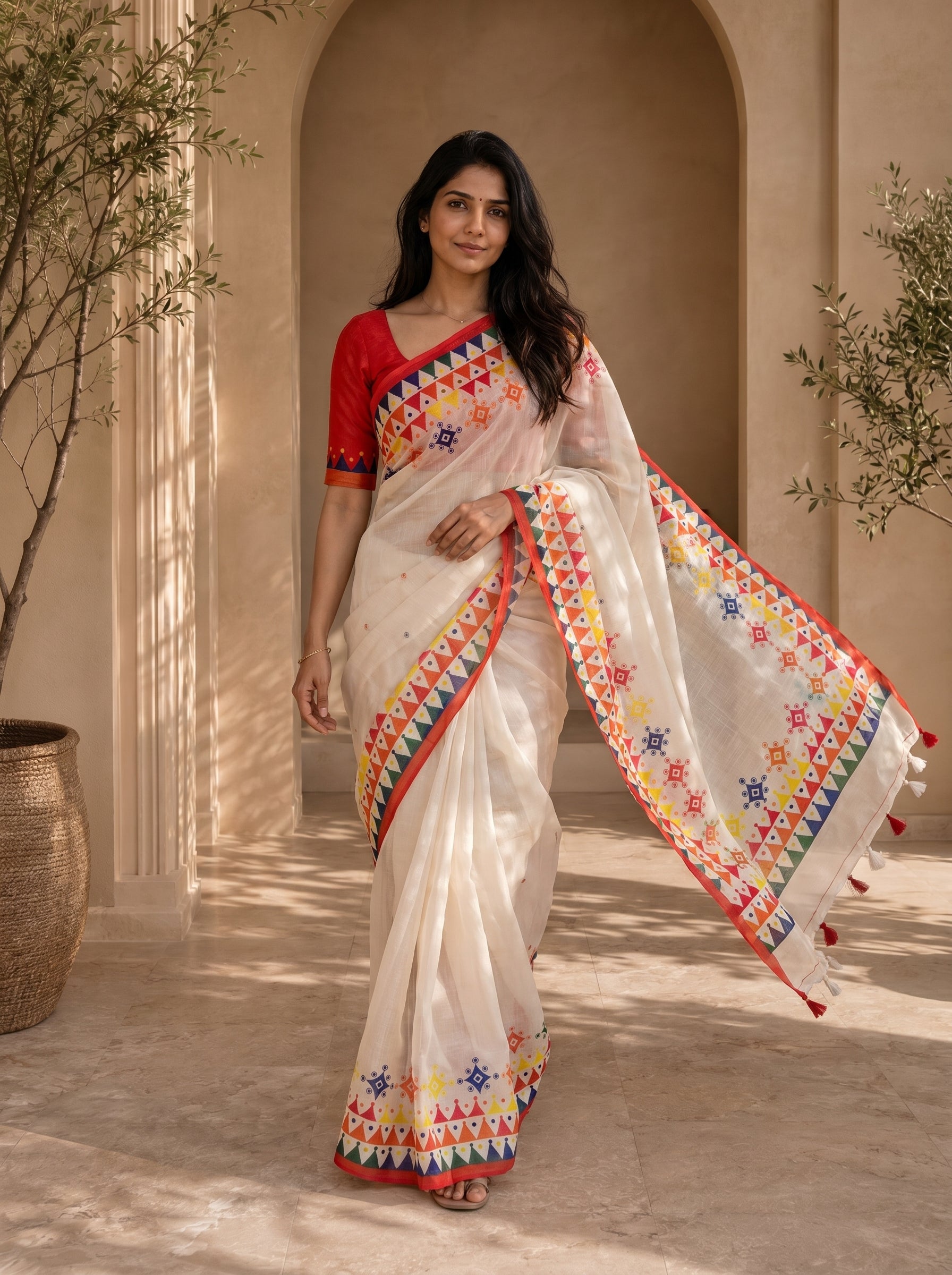 Vaidehi Soft Chanderi Cotton Saree – White Multicolor Tribal Geometric Digital Print