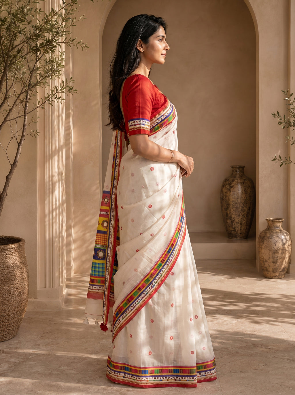 Vaidehi Soft Chanderi Cotton Saree – White Red Traditional Folk Digital Print
