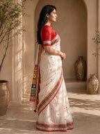Vaidehi Soft Chanderi Cotton Saree – White Red Traditional Folk Digital Print