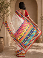 Vaidehi Soft Chanderi Cotton Saree – White Red Traditional Folk Digital Print