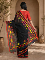 Vaidehi Soft Chanderi Cotton Saree – Black Multicolor Tribal Geometric Digital Print