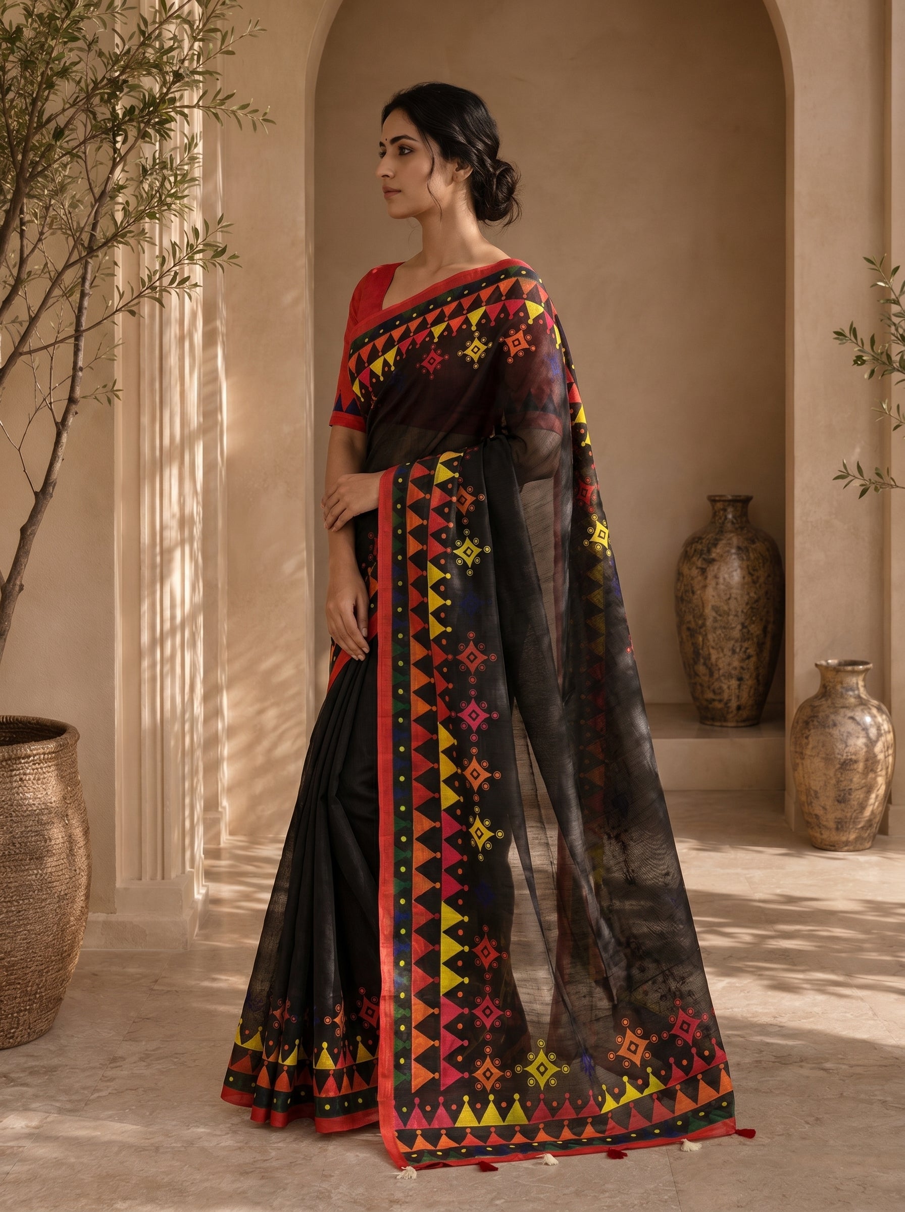 Vaidehi Soft Chanderi Cotton Saree – Black Multicolor Tribal Geometric Digital Print