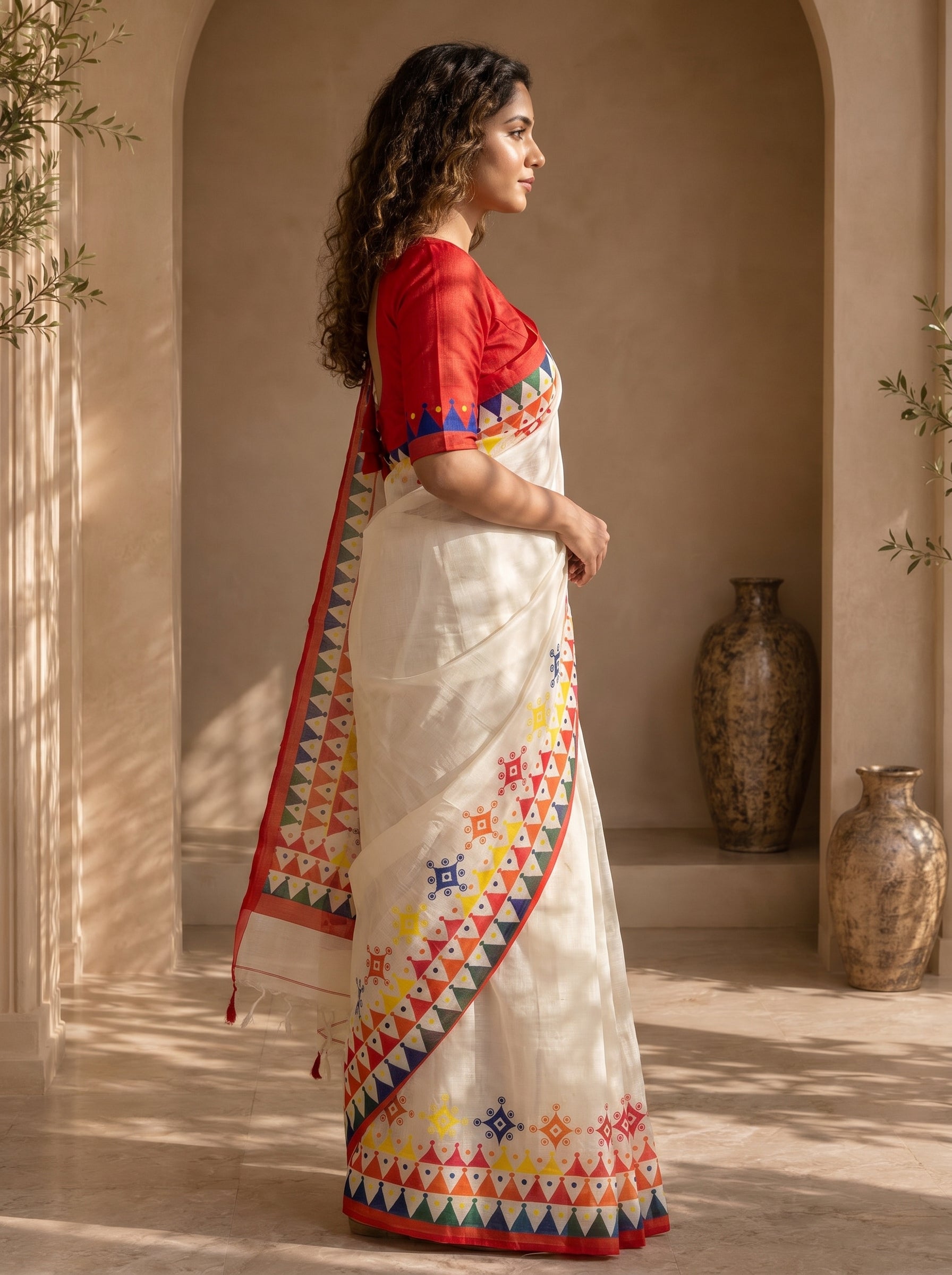 Vaidehi Soft Chanderi Cotton Saree – White Multicolor Tribal Geometric Digital Print