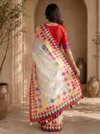 Vaidehi Soft Chanderi Cotton Saree – White Multicolor Tribal Geometric Digital Print