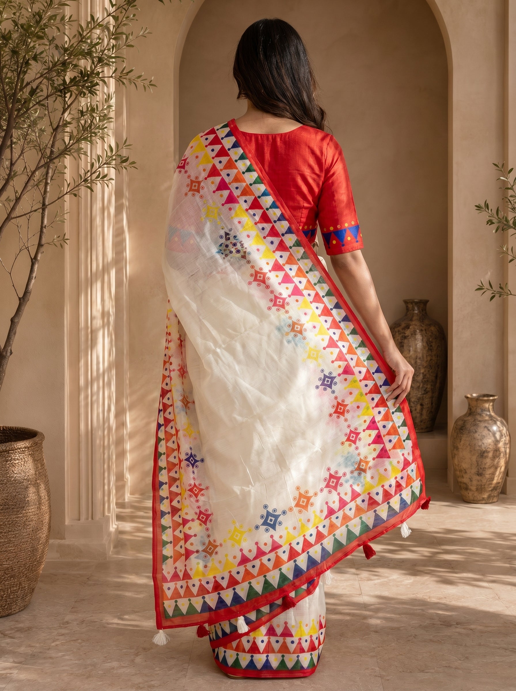 Vaidehi Soft Chanderi Cotton Saree – White Multicolor Tribal Geometric Digital Print