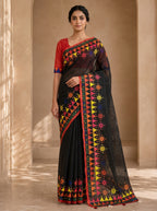 Vaidehi Soft Chanderi Cotton Saree – Black Multicolor Tribal Geometric Digital Print