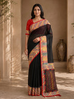 Vaidehi Soft Chanderi Cotton Saree – Black Multicolor Tribal Geometric Digital Print