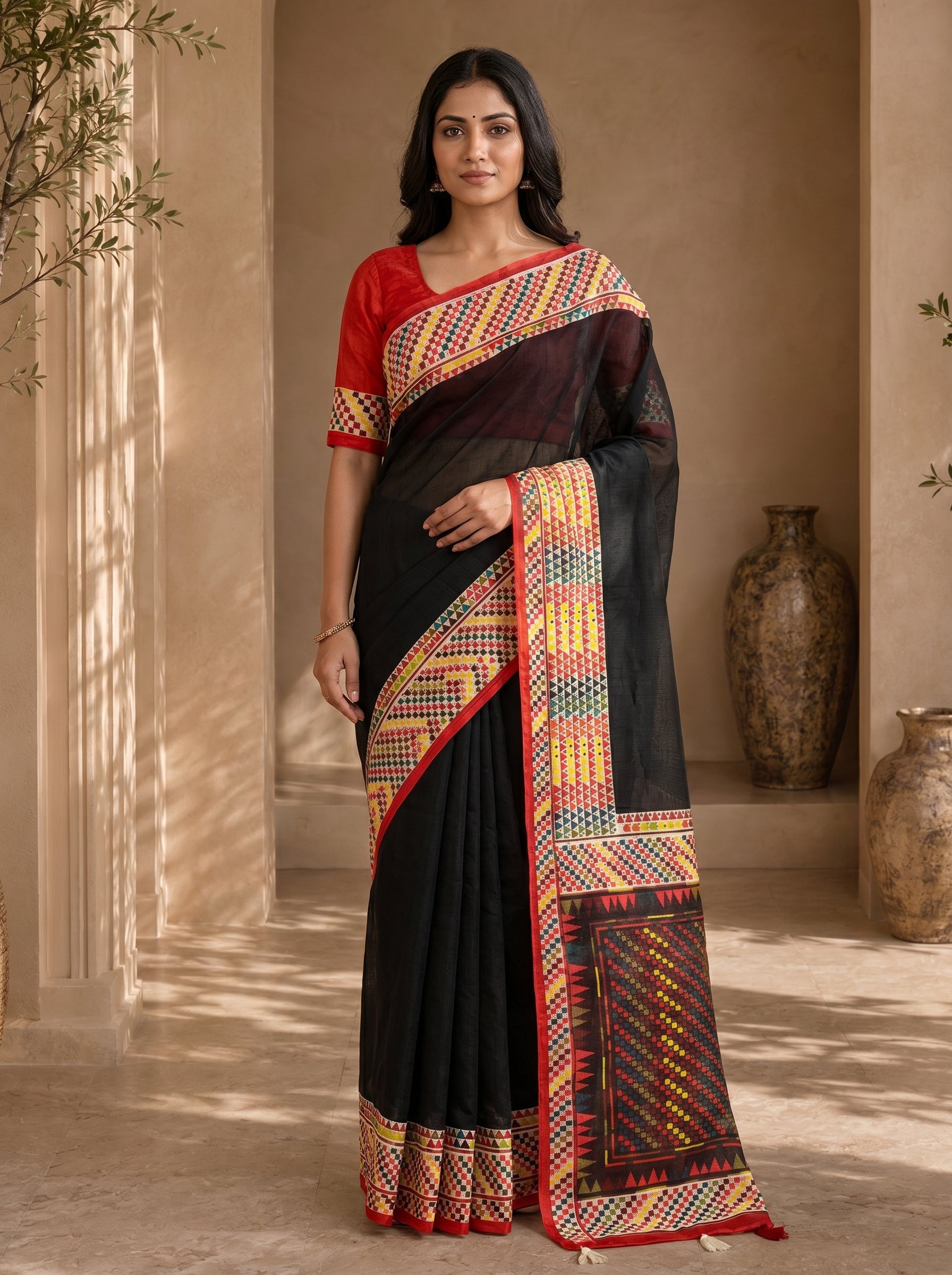 Vaidehi Soft Chanderi Cotton Saree – Black Multicolor Tribal Geometric Digital Print