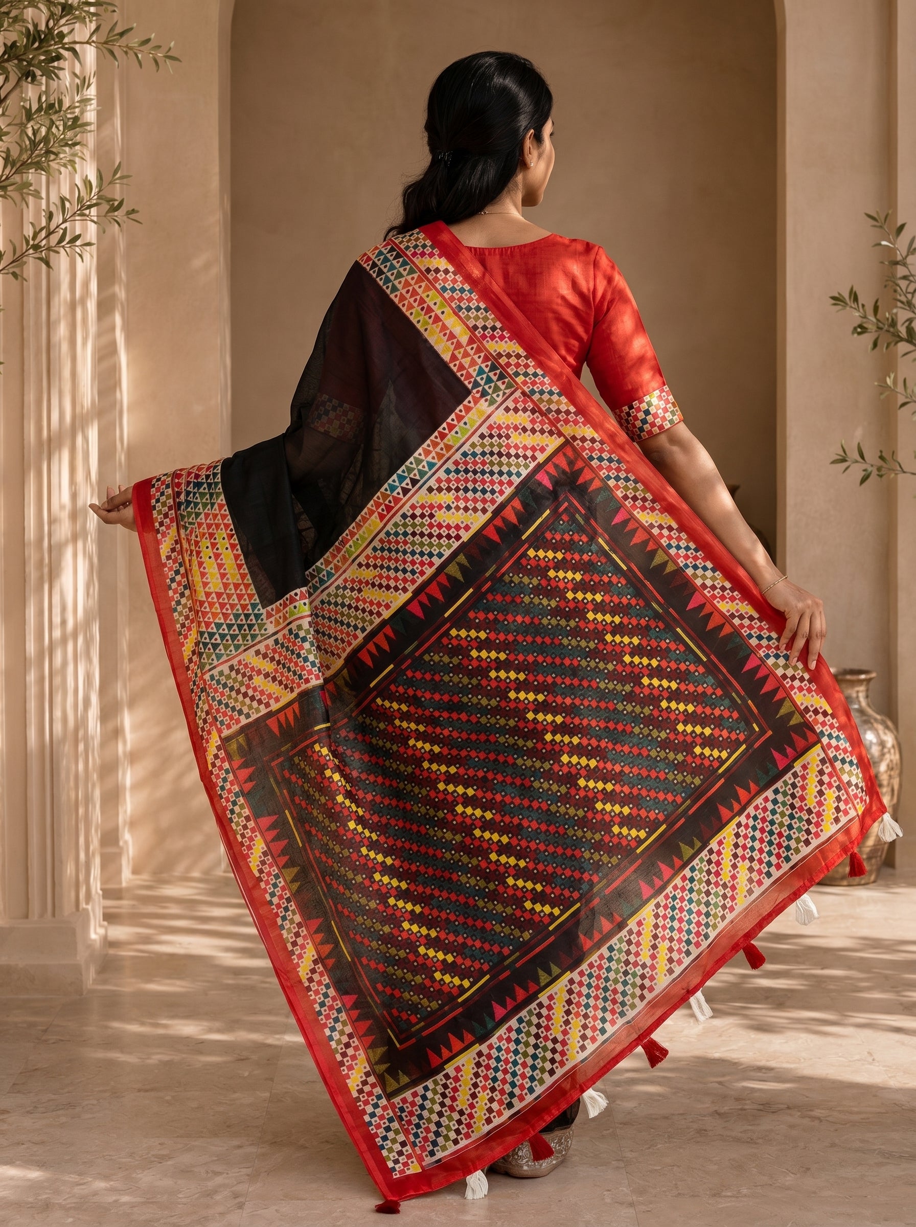Vaidehi Soft Chanderi Cotton Saree – Black Multicolor Tribal Geometric Digital Print