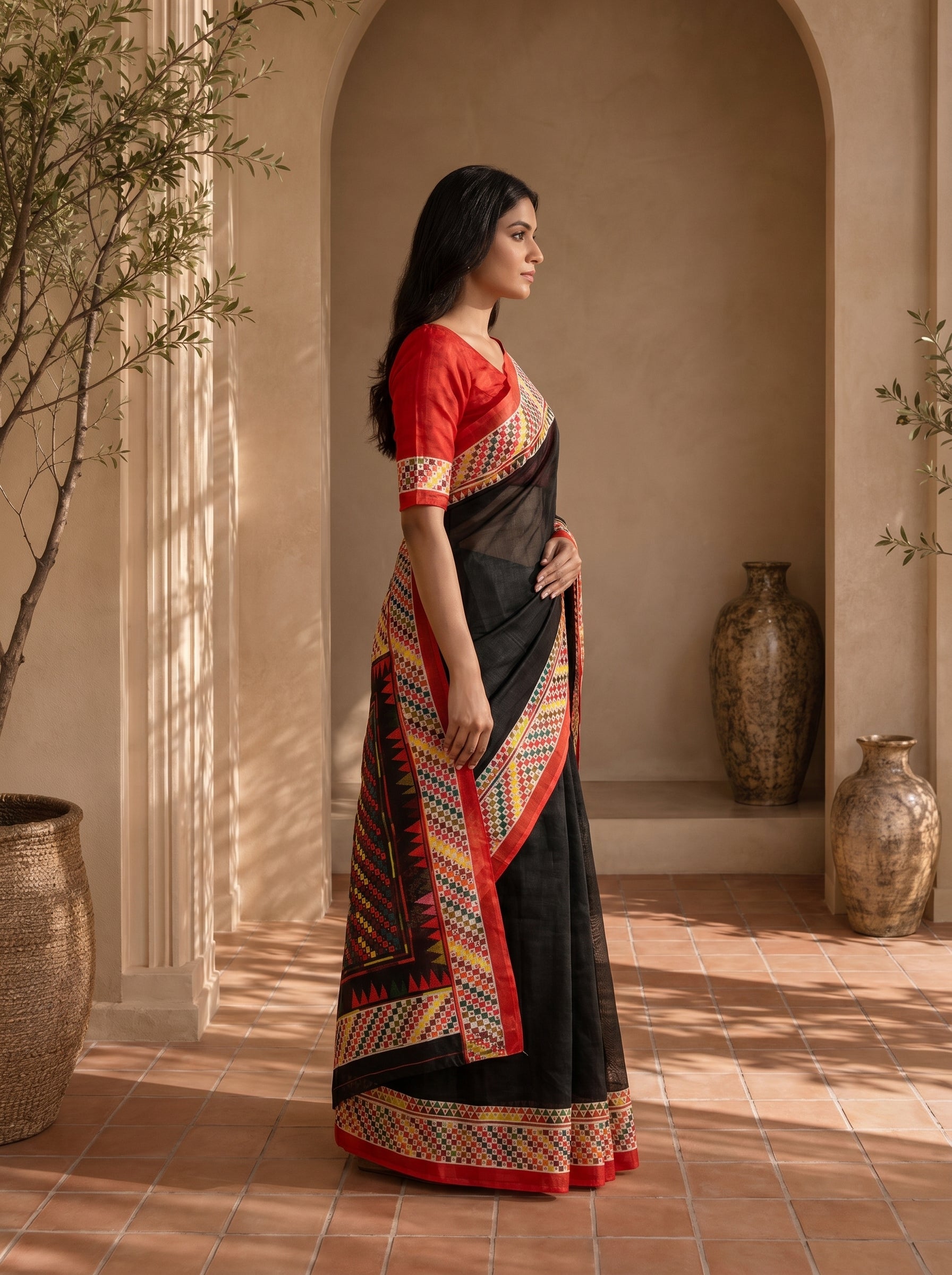 Vaidehi Soft Chanderi Cotton Saree – Black Multicolor Tribal Geometric Digital Print