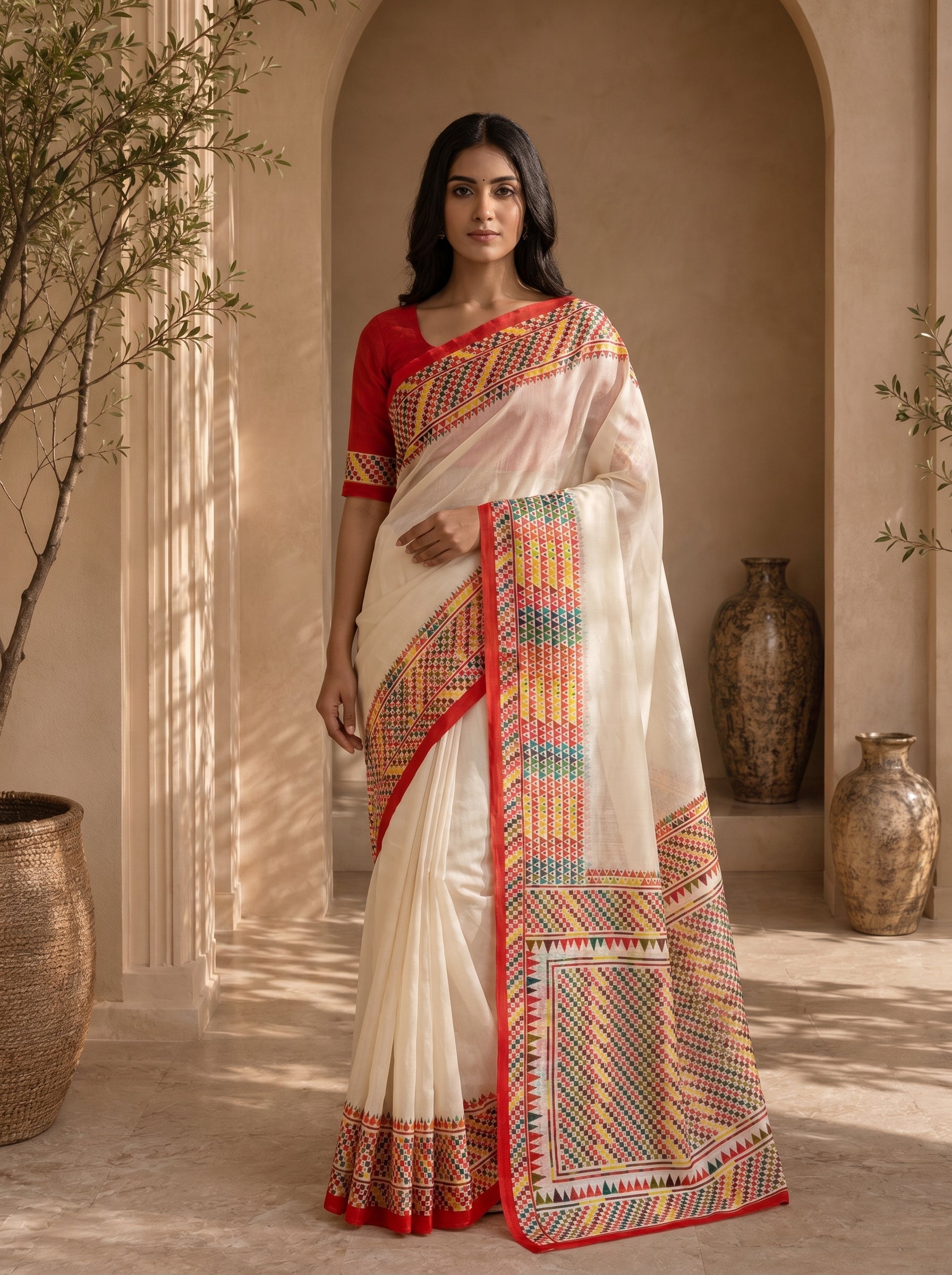 Vaidehi Soft Chanderi Cotton Saree – White Multicolor Tribal Geometric Digital Print