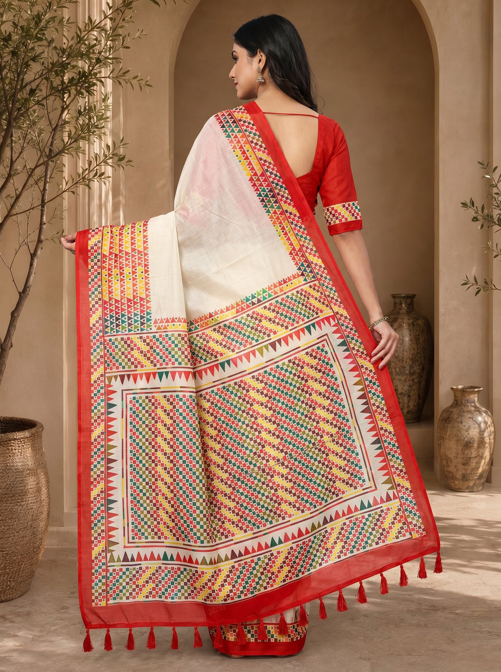 Vaidehi Soft Chanderi Cotton Saree – White Multicolor Tribal Geometric Digital Print