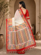 Vaidehi Soft Chanderi Cotton Saree – White Multicolor Tribal Geometric Digital Print