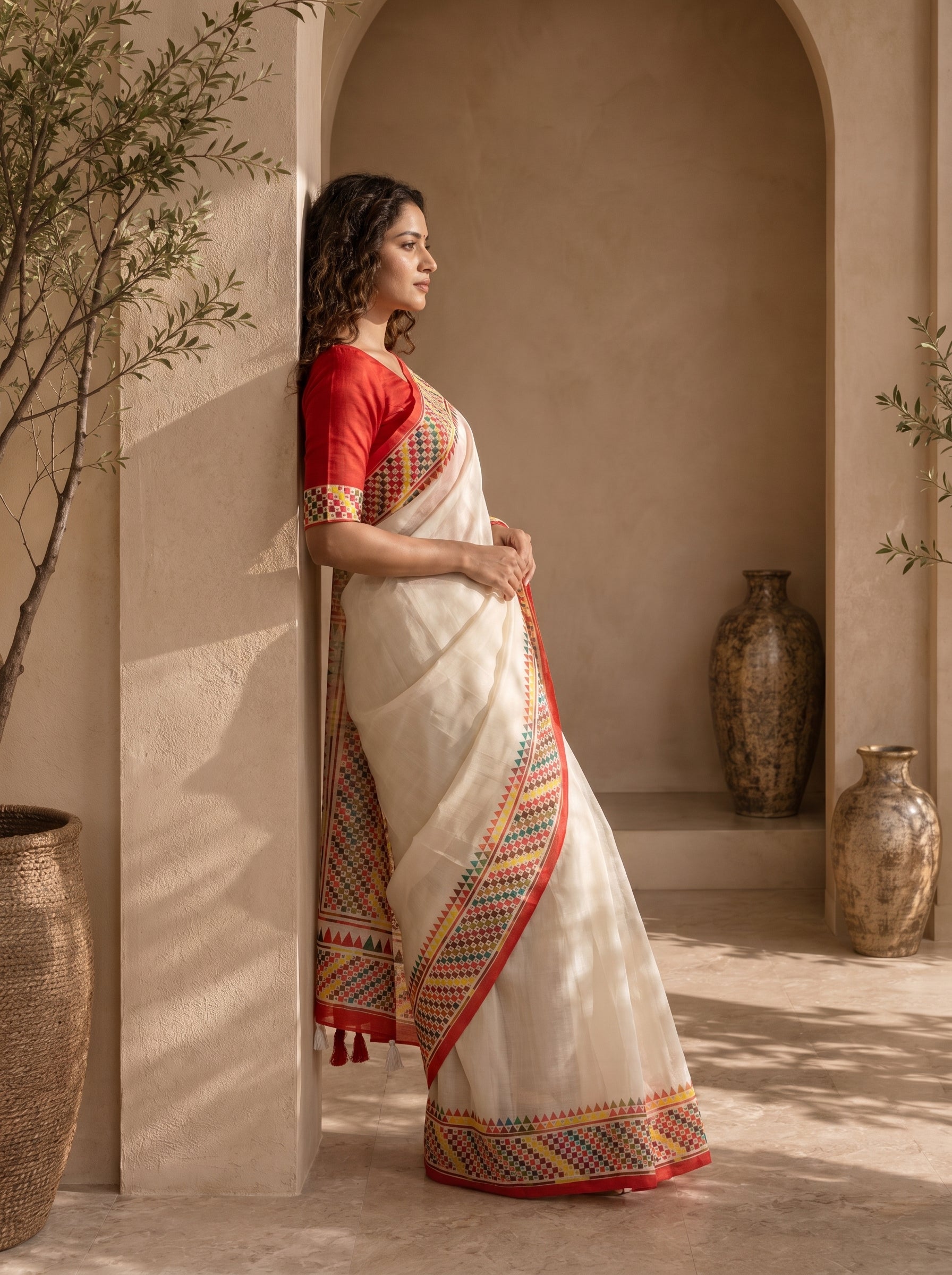 Vaidehi Soft Chanderi Cotton Saree – White Multicolor Tribal Geometric Digital Print