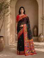 Vaidehi Soft Chanderi Cotton Saree – Black Red Tribal Heritage Digital Print