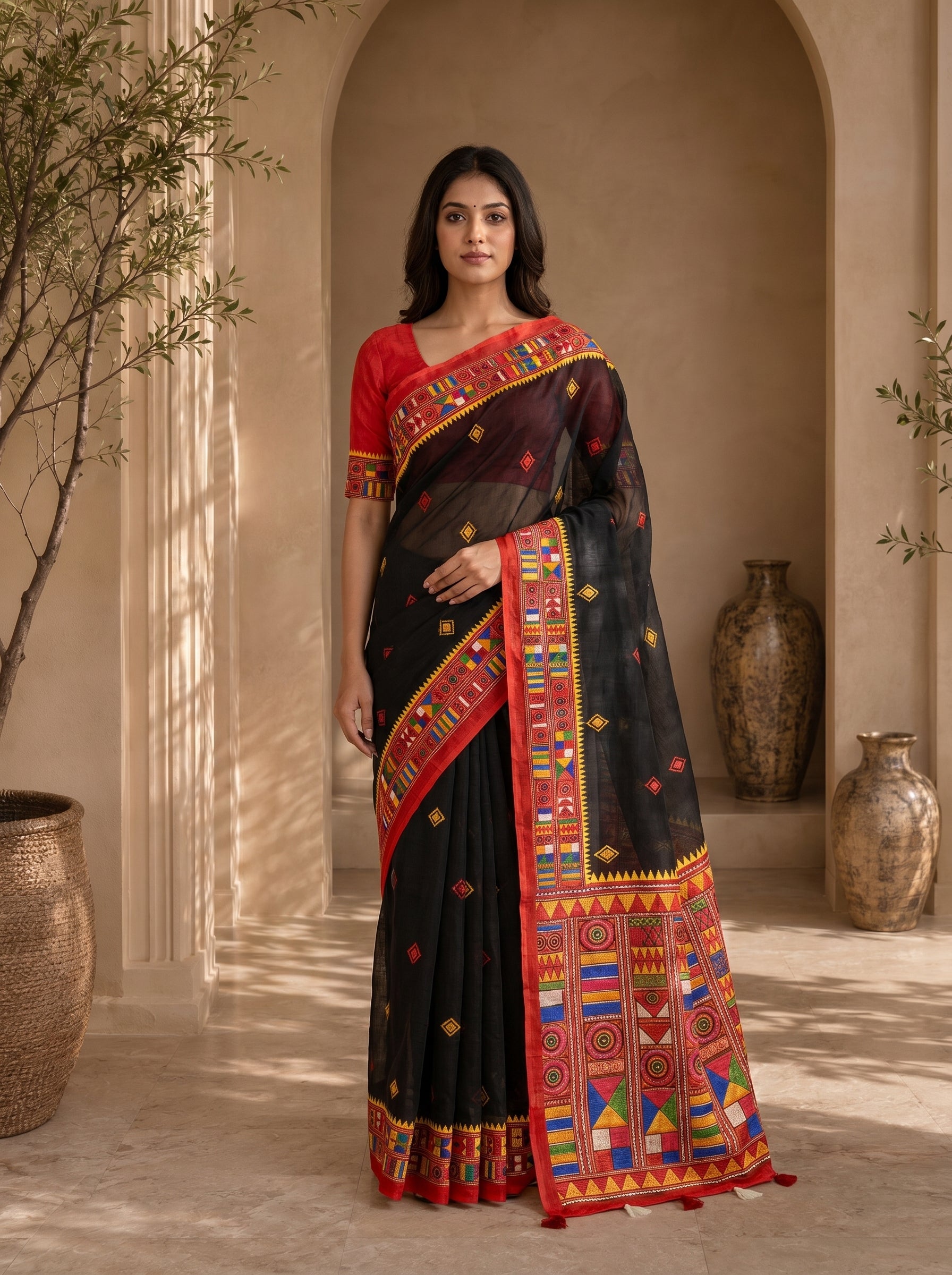 Vaidehi Soft Chanderi Cotton Saree – Black Red Tribal Heritage Digital Print