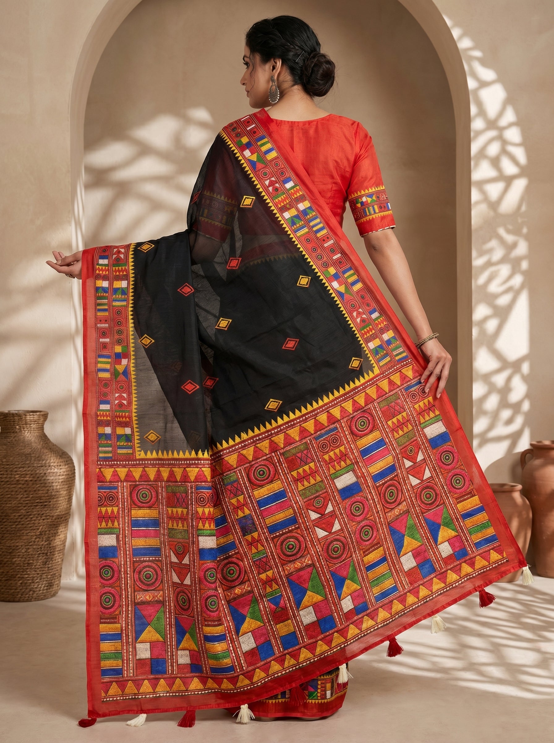 Vaidehi Soft Chanderi Cotton Saree – Black Red Tribal Heritage Digital Print