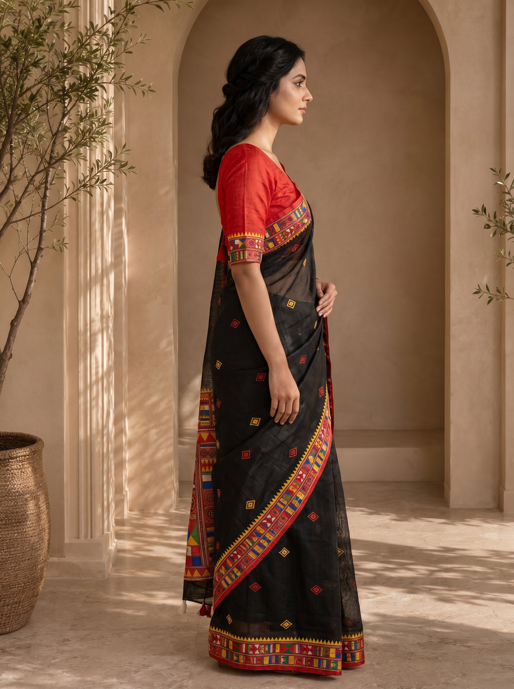 Vaidehi Soft Chanderi Cotton Saree – Black Red Tribal Heritage Digital Print