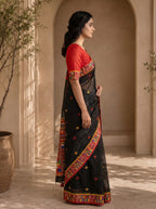 Vaidehi Soft Chanderi Cotton Saree – Black Red Tribal Heritage Digital Print