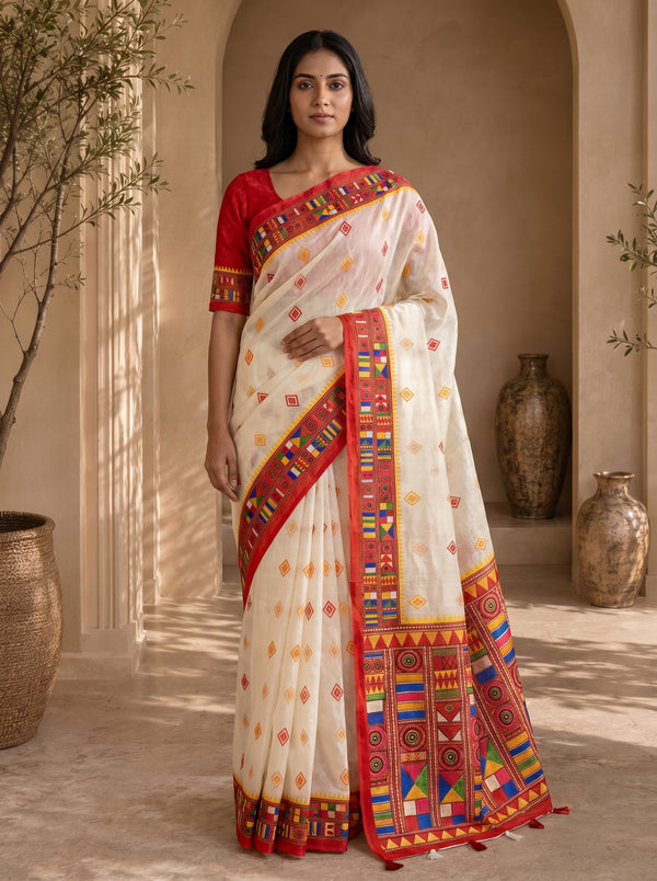 Vaidehi Soft Chanderi Cotton Saree – White Red Tribal Heritage Digital Print