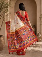 Vaidehi Soft Chanderi Cotton Saree – White Red Tribal Heritage Digital Print