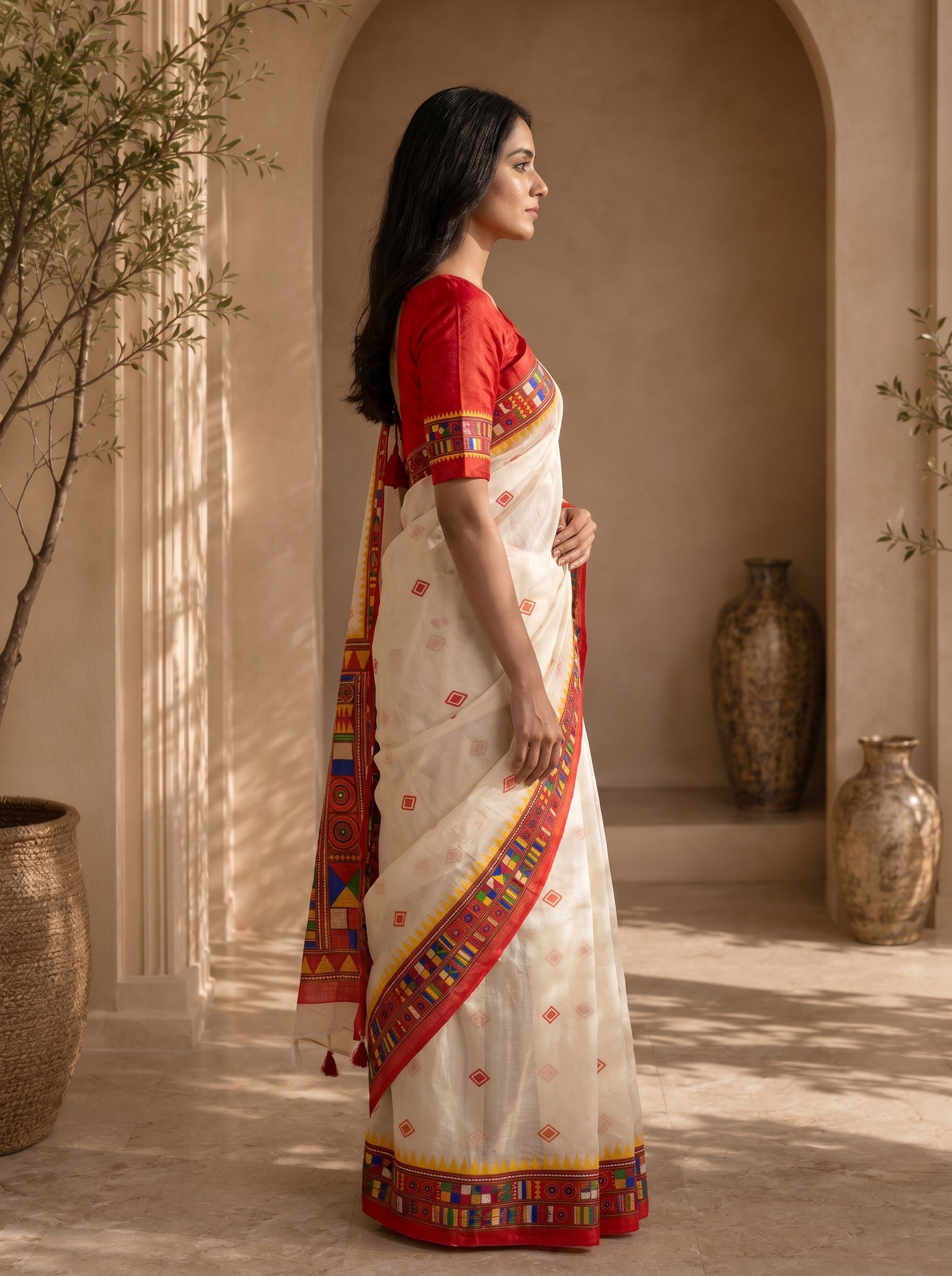 Vaidehi Soft Chanderi Cotton Saree – White Red Tribal Heritage Digital Print