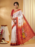 Gowrika Linen Cotton Saree – White Red Maa Durgaa Divine Digital Print