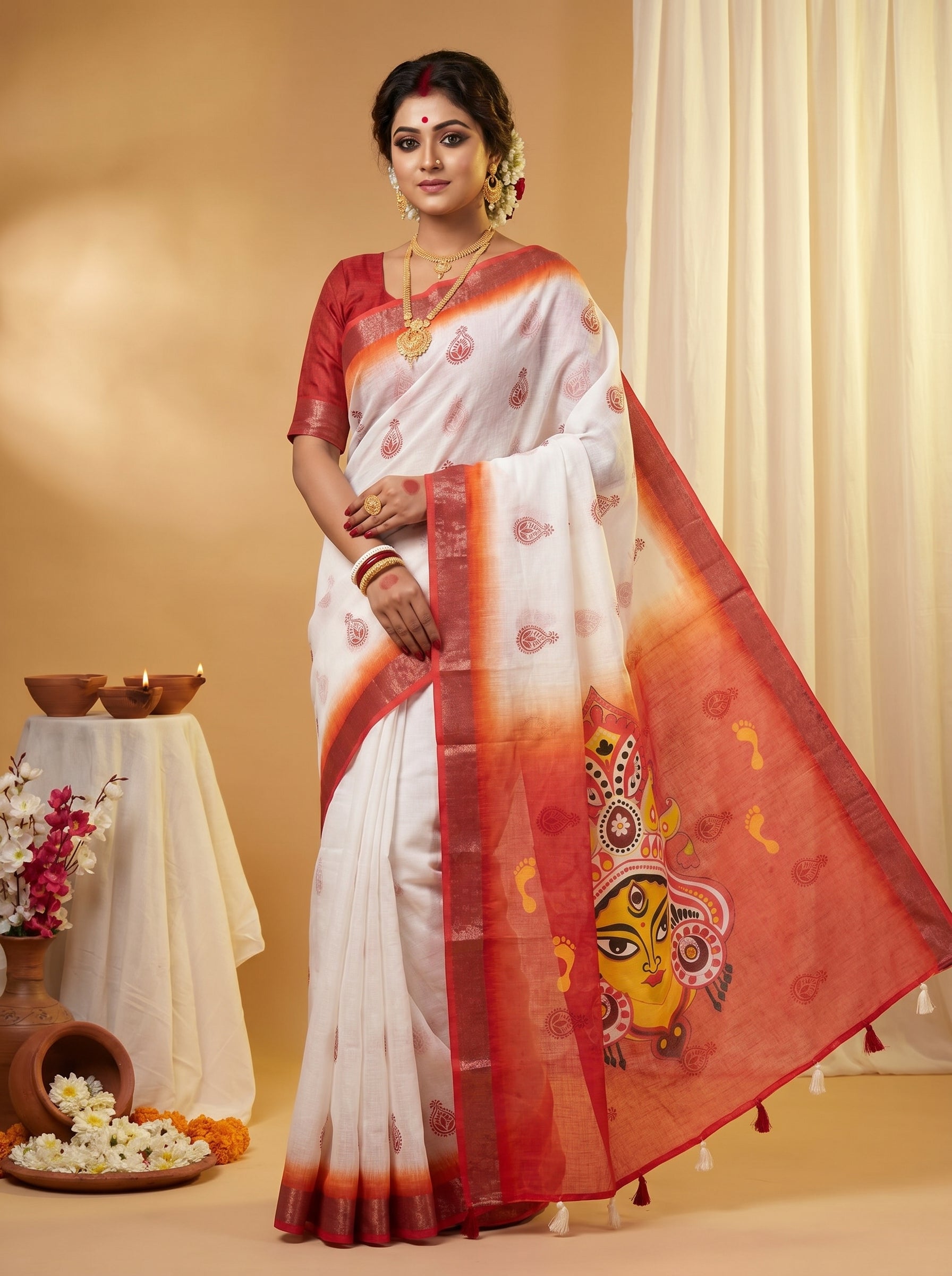 Gowrika Linen Cotton Saree – White Red Maa Durgaa Divine Digital Print