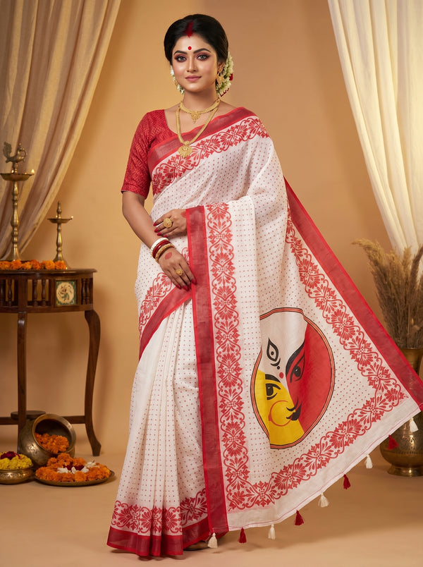 Gowrika Linen Cotton Saree – White Red Durga Face Divine Digital Print