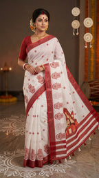 Gowrika Linen Cotton Saree – White Red Divine Digital Print