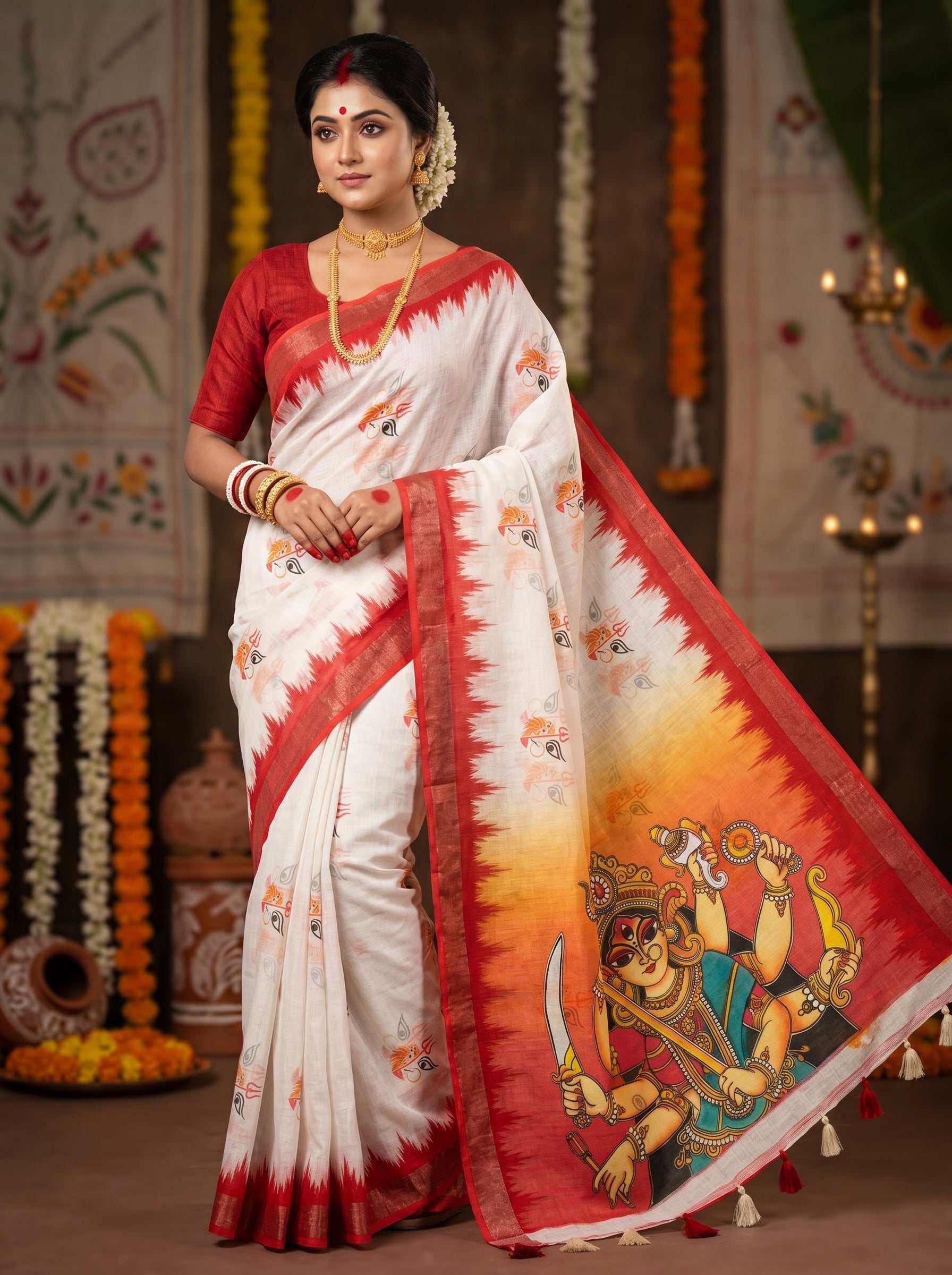 Gowrika Linen Cotton Saree – White Red Maa Durga Eyes Divine Digital Print