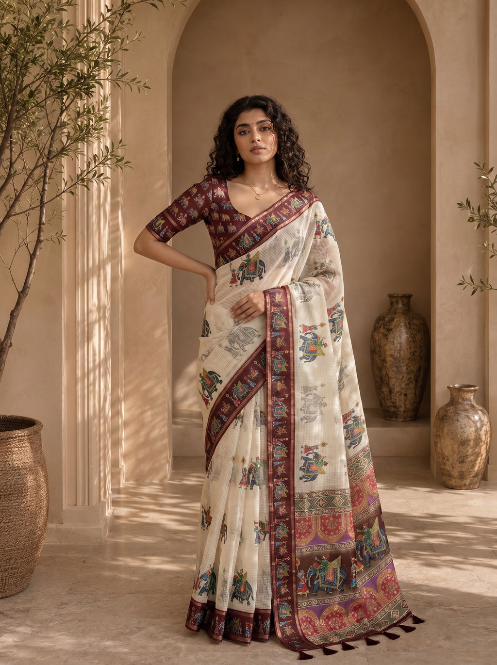 Rajvansh Kota Doriya Saree – Ivory