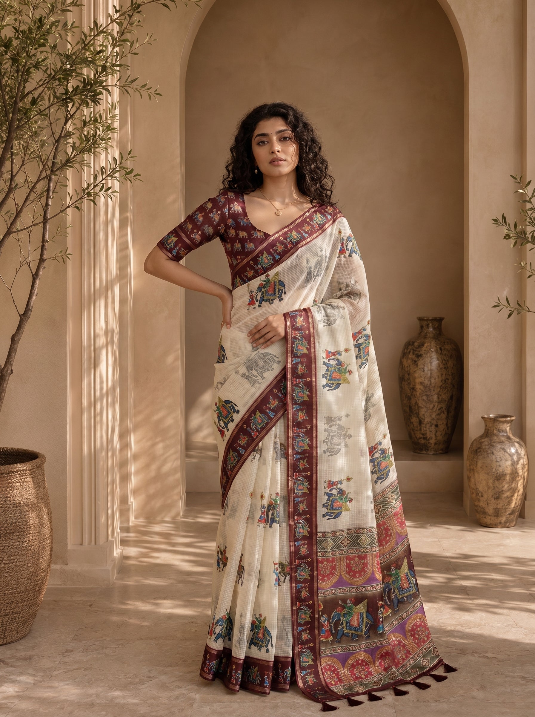 Rajvansh Kota Doriya Saree – Ivory