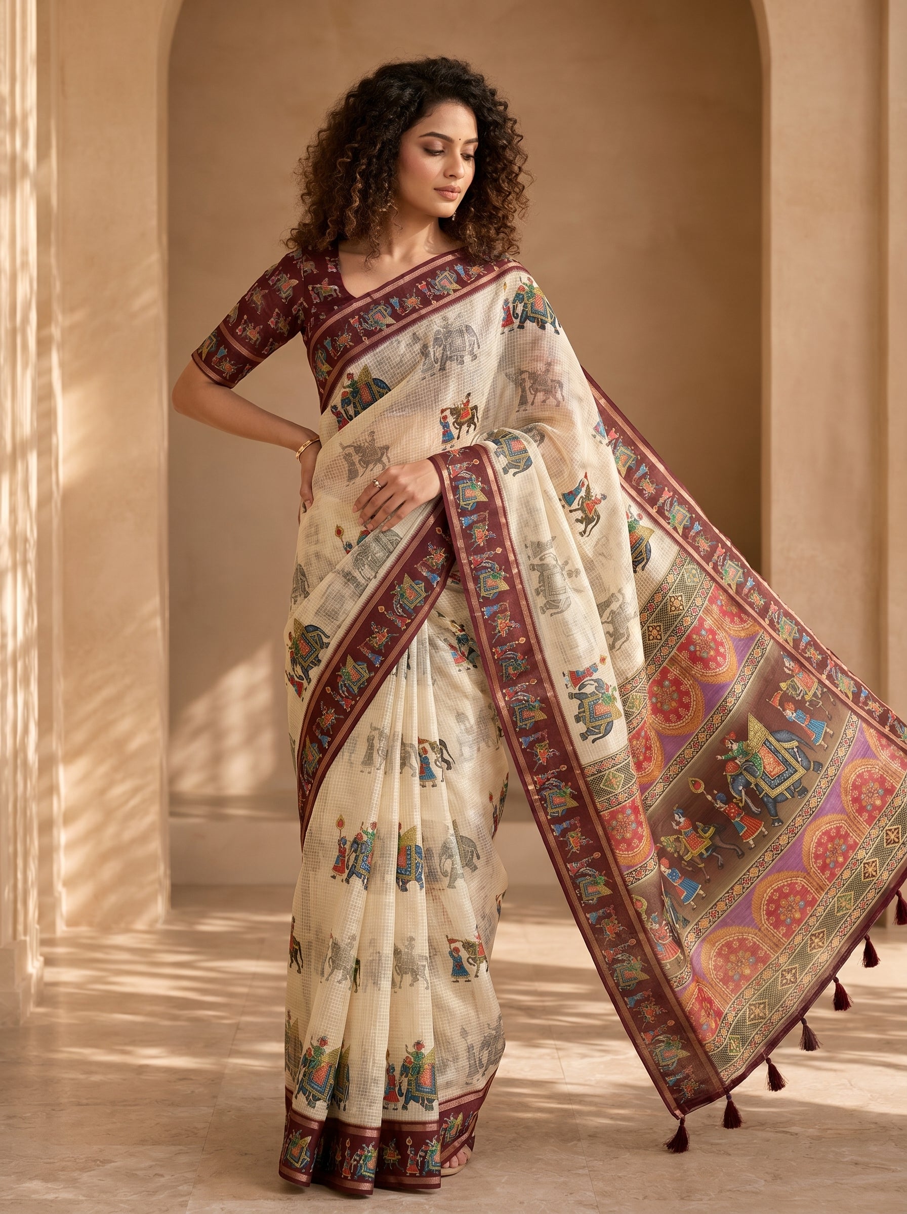 Rajvansh Kota Doriya Saree – Ivory
