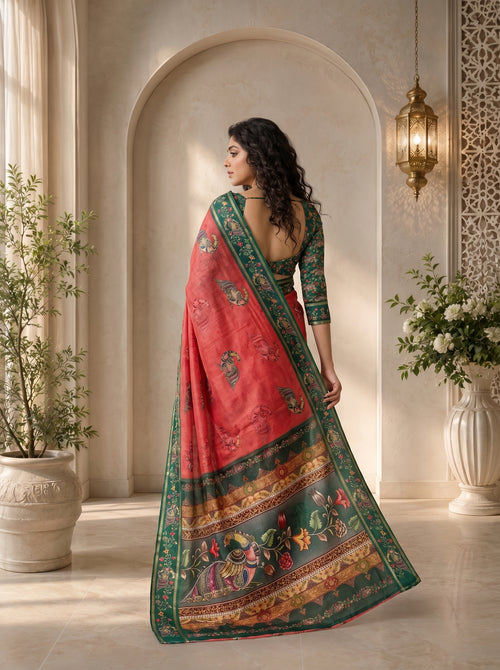 Abeer Kota Doriya Saree – Coral Rose