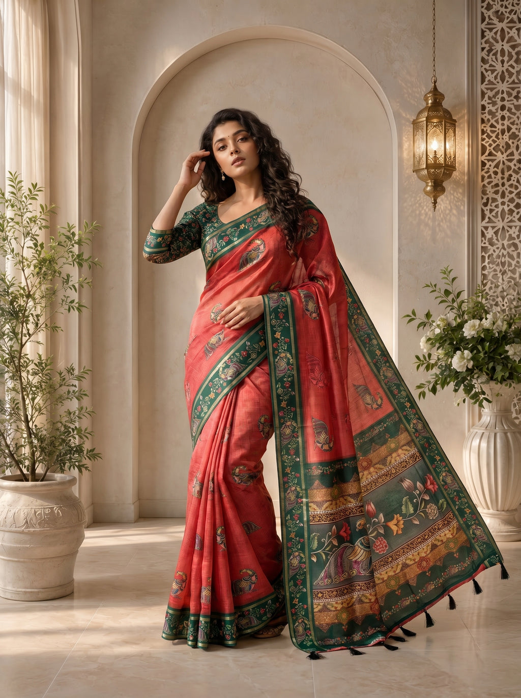 Abeer Kota Doriya Saree – Coral Rose