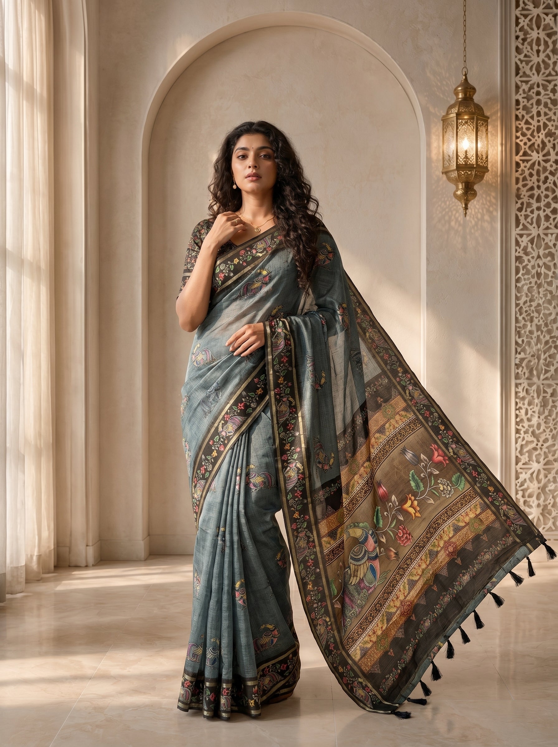 Abeer Kota Doriya Saree – Charcoal Grey