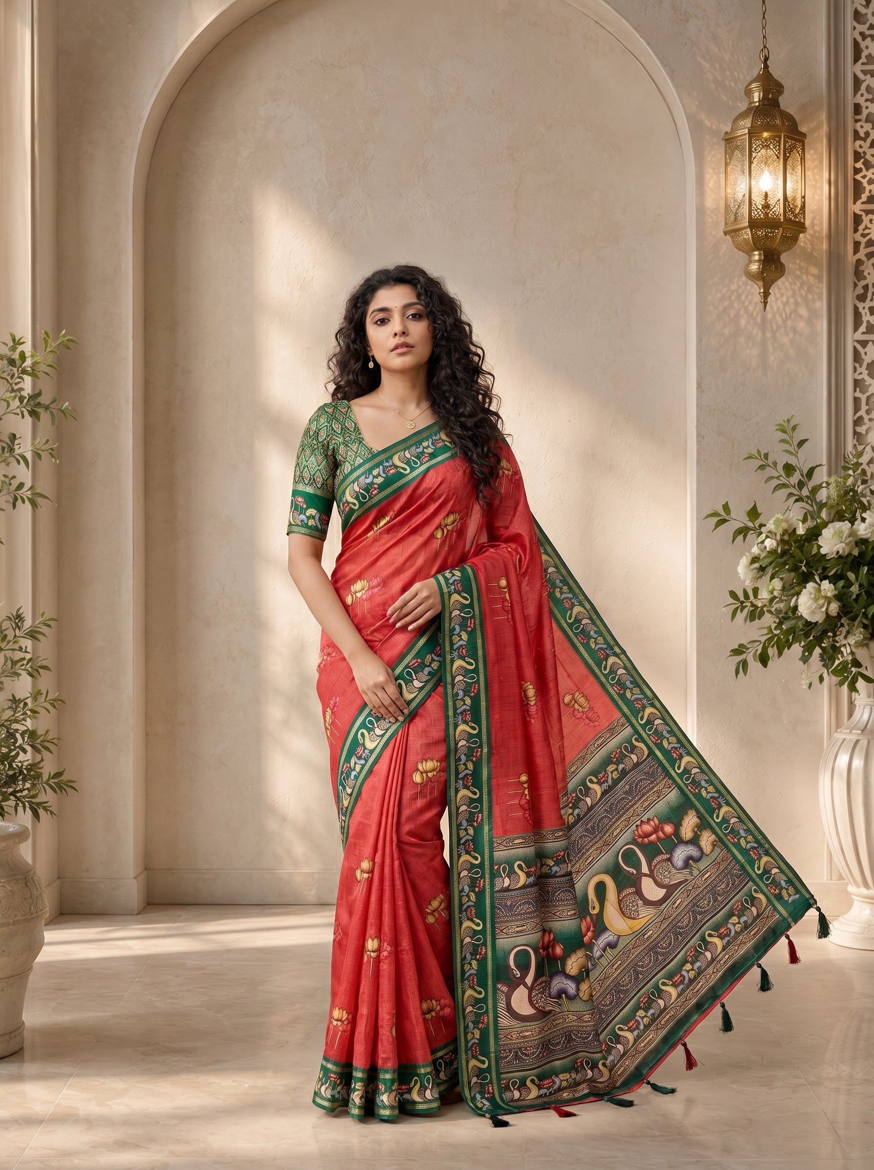 Vihara Kota Doriya Saree – Coral Red