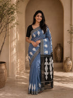 Neelika Soft Chanderi Cotton Saree – Blue Black Ikkat Digital Print