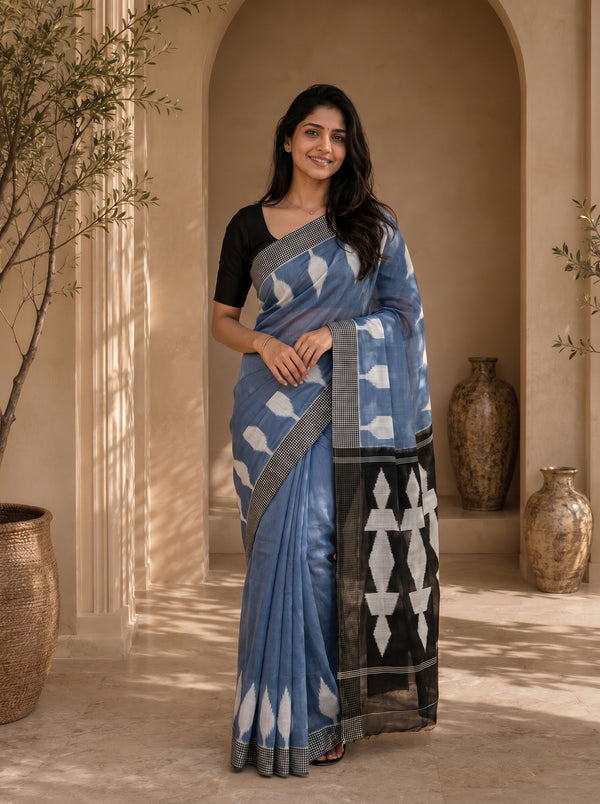 Neelika Soft Chanderi Cotton Saree – Blue Black Ikkat Digital Print