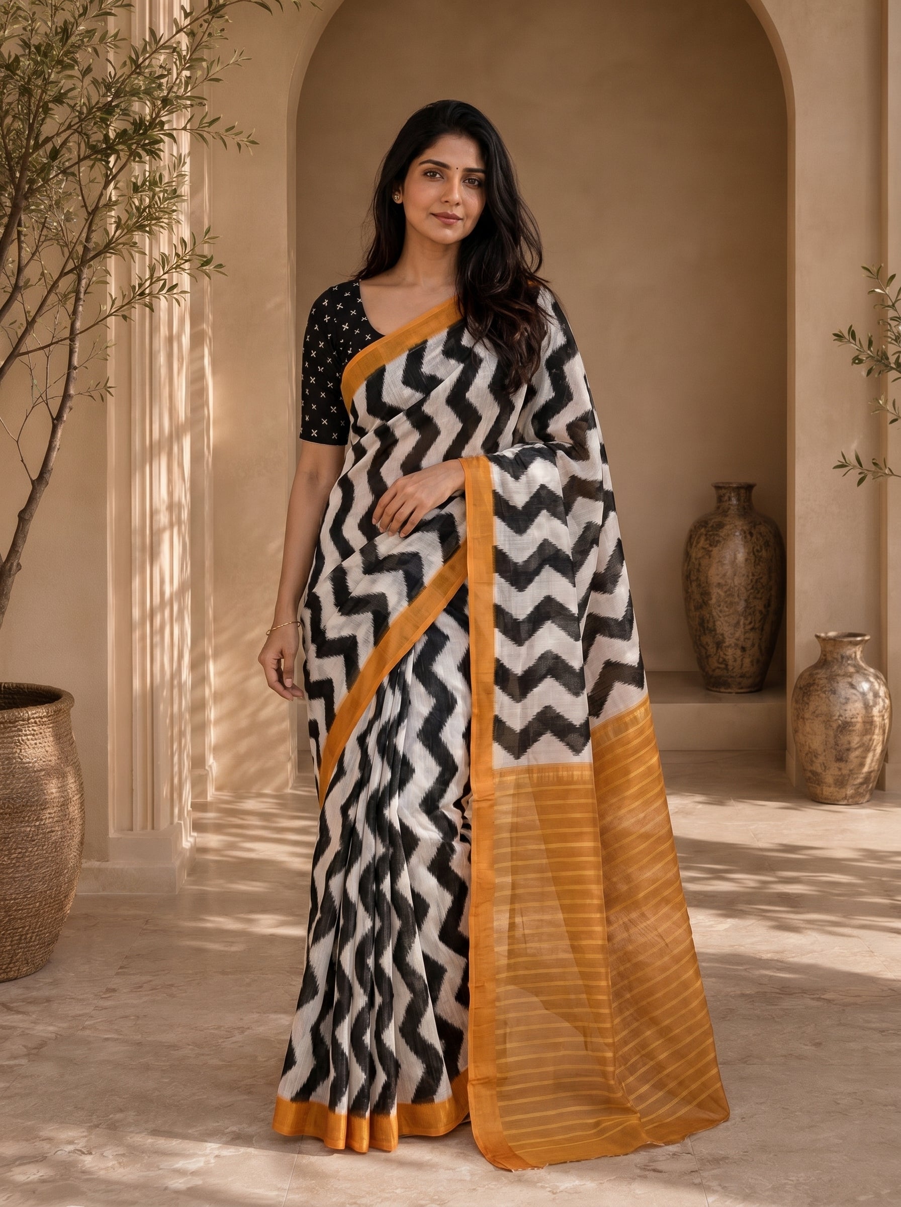 Neelika Soft Chanderi Cotton Saree – Black Mustard Ikkat Chevron Digital Print