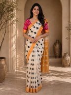 Neelika Soft Chanderi Cotton Saree – Cream Mustard Ikkat Dot Digital Print