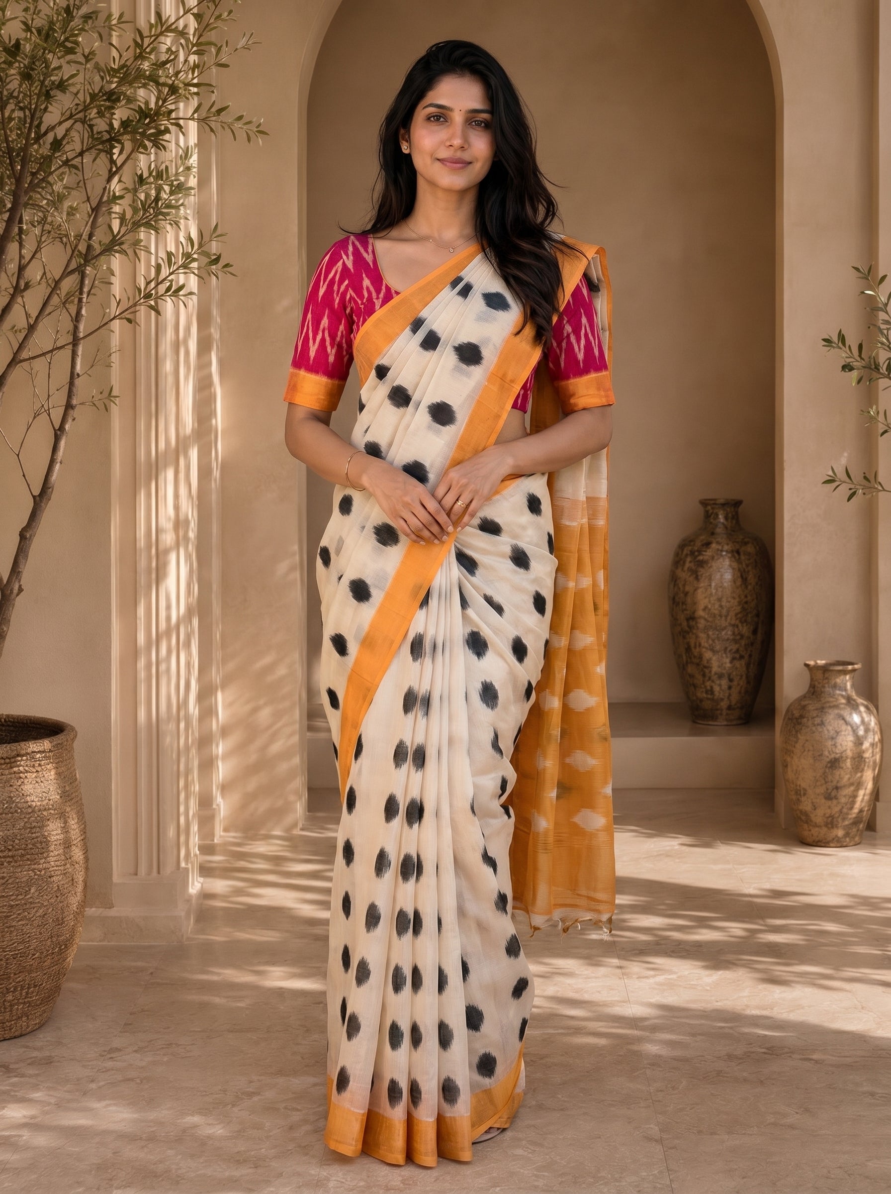 Neelika Soft Chanderi Cotton Saree – Cream Mustard Ikkat Dot Digital Print